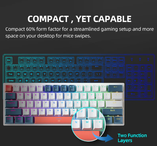 Mini Mechanical Keybaord 60% Form Factor 61Keys Gaming Keybaord Wired Full Key Hot-Swappable RGB Backlit