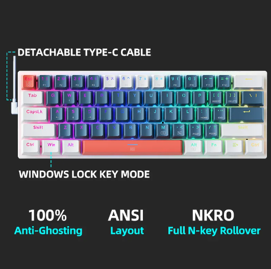 Mini Mechanical Keybaord 60% Form Factor 61Keys Gaming Keybaord Wired Full Key Hot-Swappable RGB Backlit